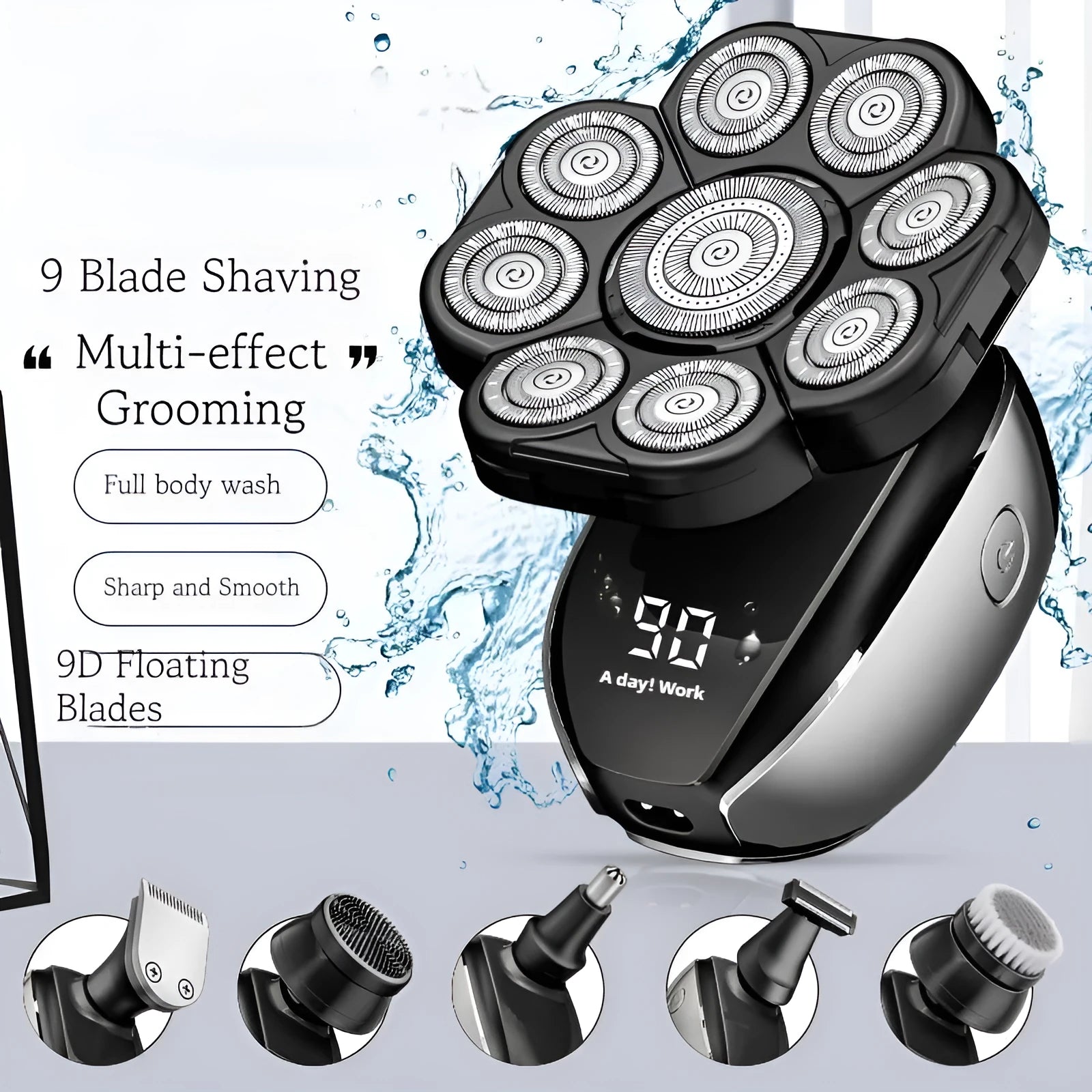 Black rechargeable hair clipper and shaver set with six attachments including trimming combs on a white background.