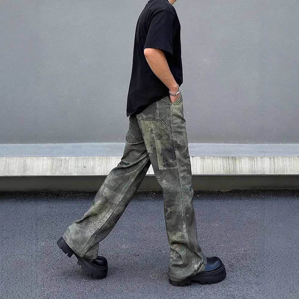 Men's straight-leg jeans with retro digital camouflage pattern and mid-waist design