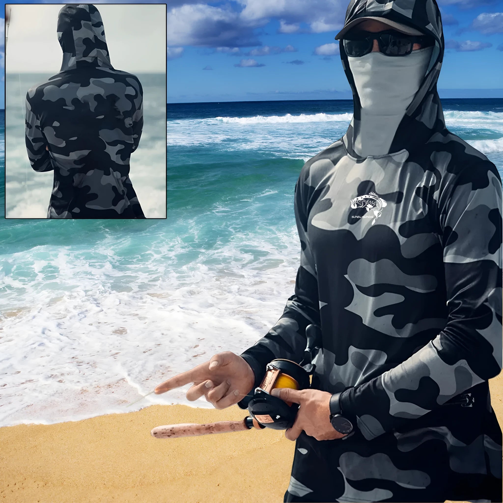 Men's grey long sleeve fishing hoodie with mesh side panels and a face mask, labelled with UPF 50 sun protection.