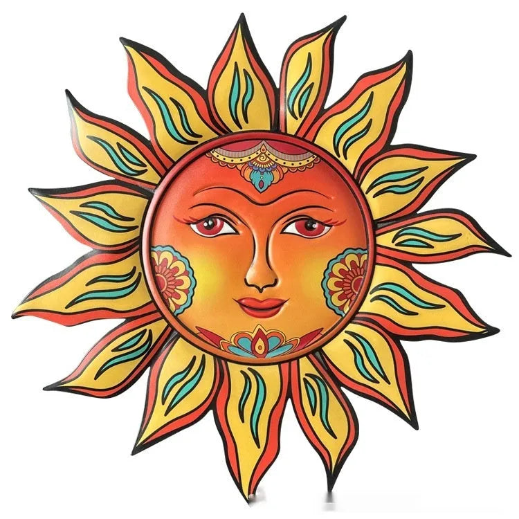 Iron sun face metal wall hanging decorative craft in a selected colour.