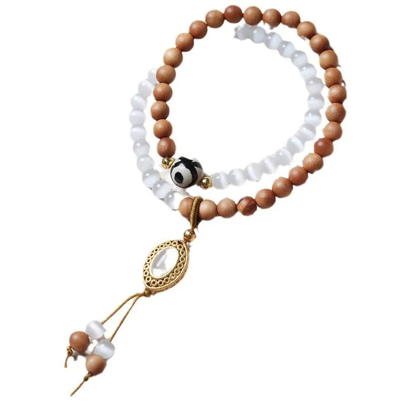 Mixed material bracelet with sandalwood double ring opal Tibetan beads and polished finish