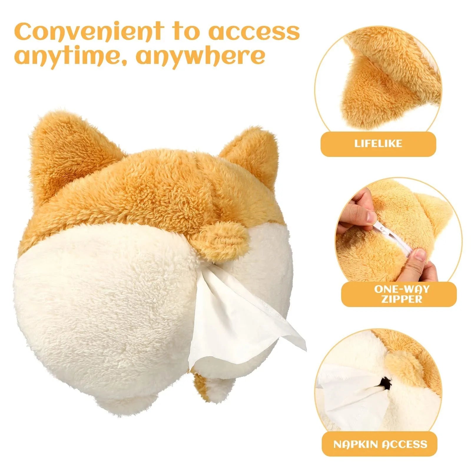 Soft yellow corgi butt-shaped tissue box cover with elastic strap for car sun visor.