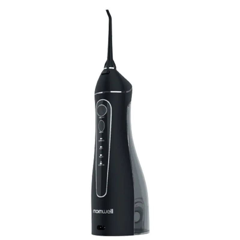Black Prooral Mornwell portable oral irrigator with water tank and nozzle for dental cleaning.