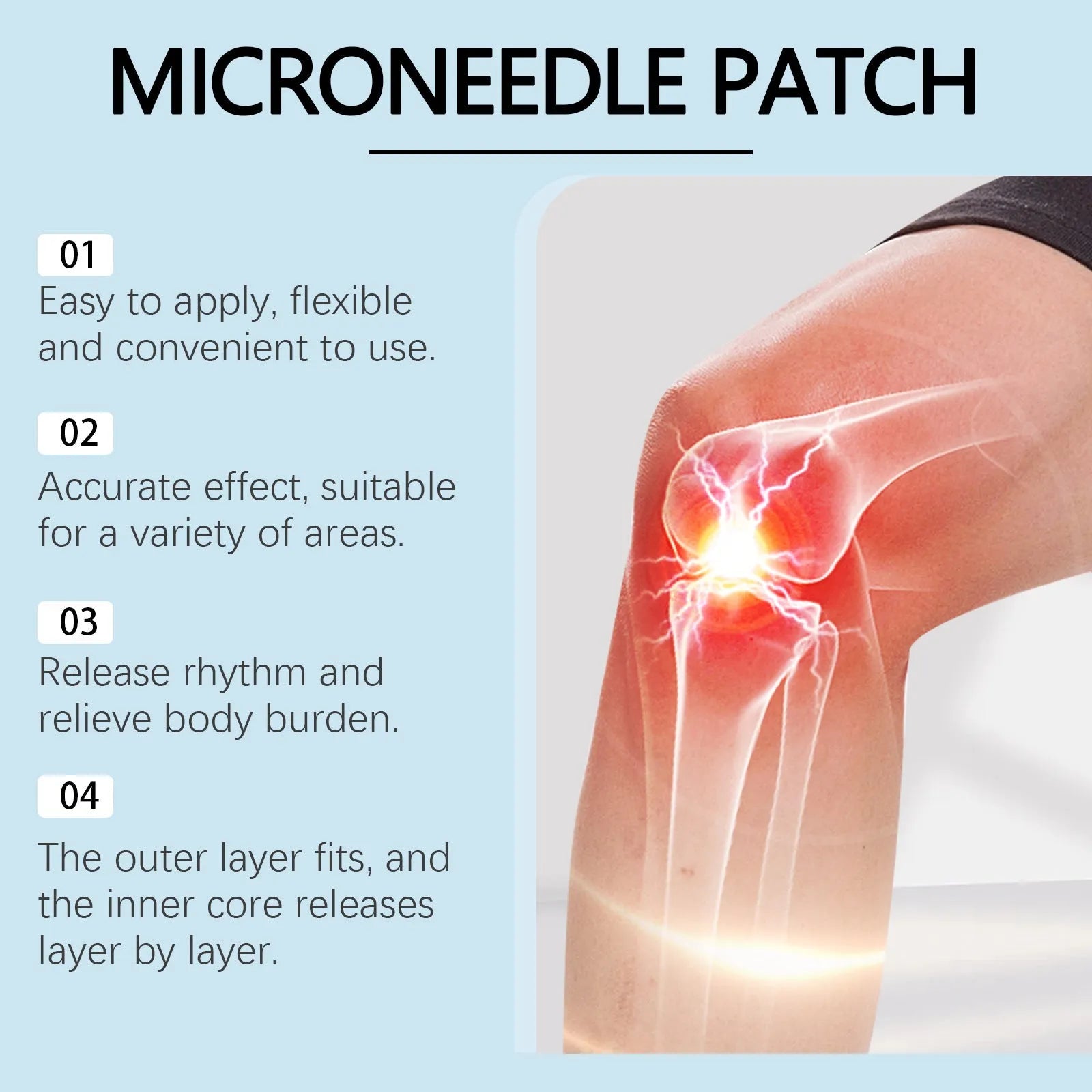 Four hyaluronic acid joint relief microneedle patches with botanical ingredients and PE sticker backing