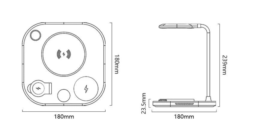 Black three-in-one wireless magnetic charger with desk lamp and Type-C cable on a wood desk