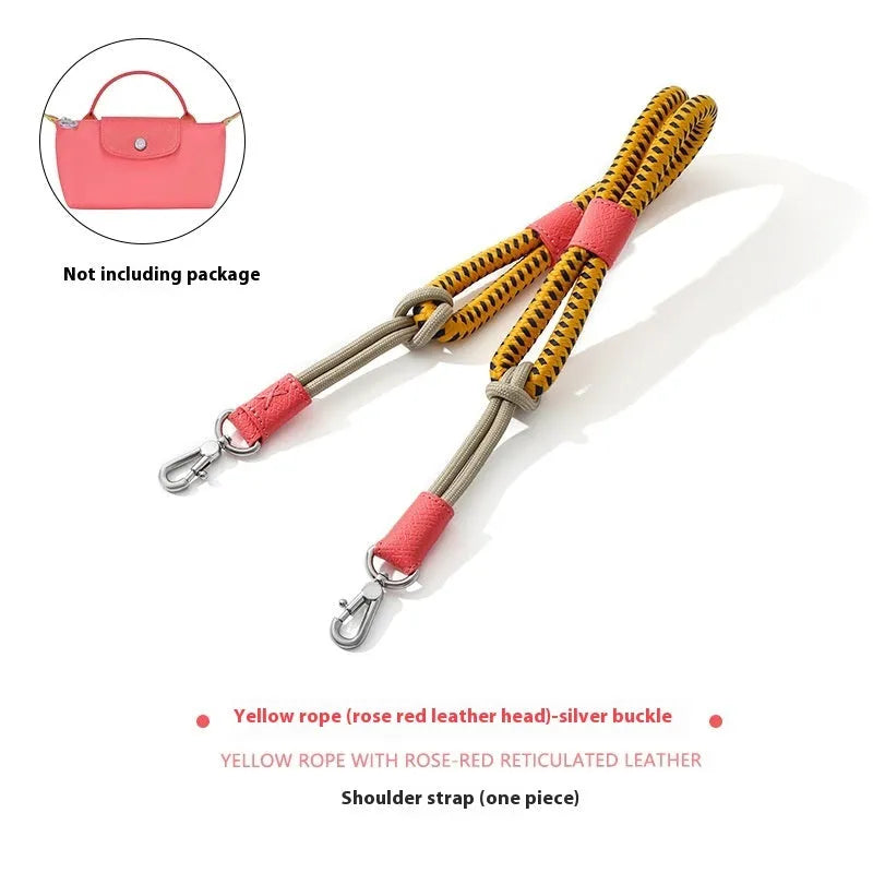 Braided nylon rope shoulder strap with cowhide leather accents and an alloy buckle.