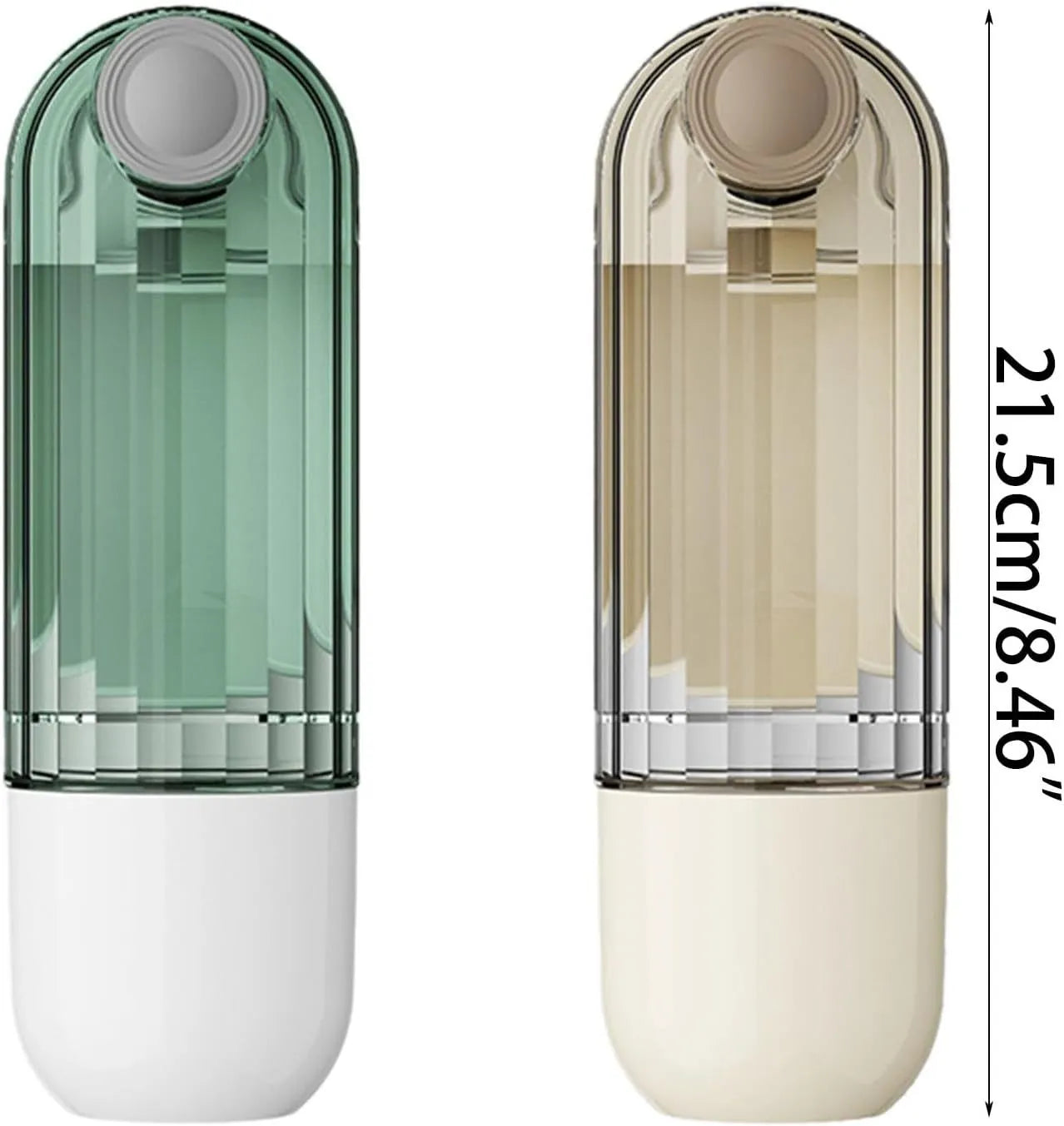 Beige foldable dog water bottle with food dispenser base shown extended and compressed