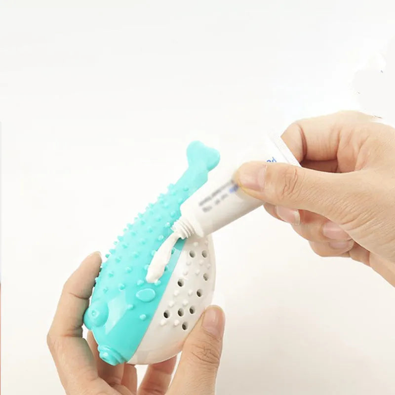 Silicone cat chew toy fish design with toothbrush cleaning function in blue, green, pink, or yellow colour
