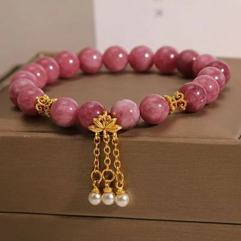 Natural stone bracelet with pink lotus tassel pendant and crystal beads