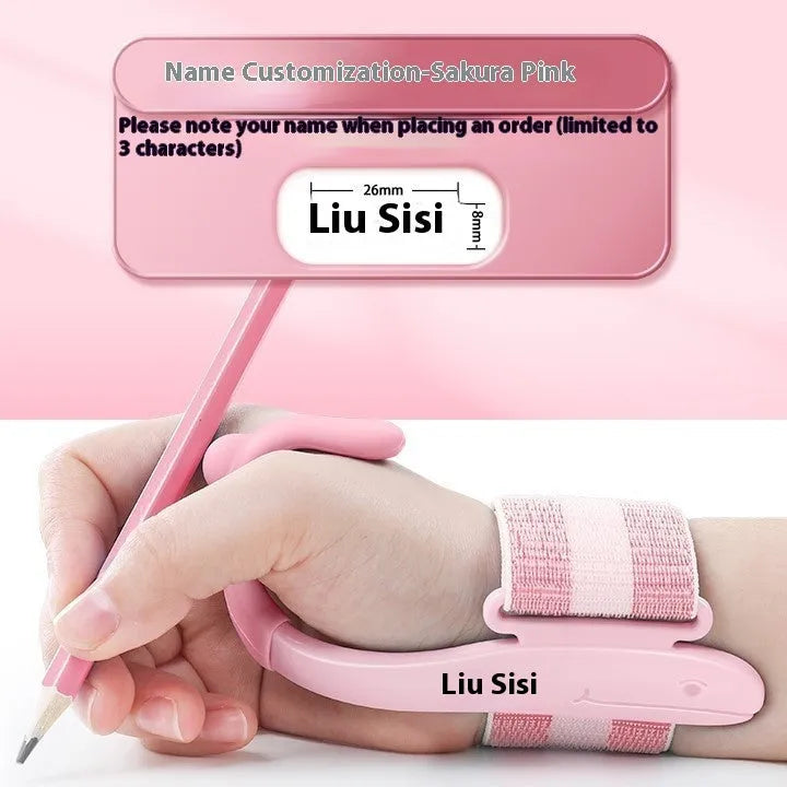 Blue and pink anti-hook wrist brace pen grip corrector for children's handwriting, made from white ABS nylon.