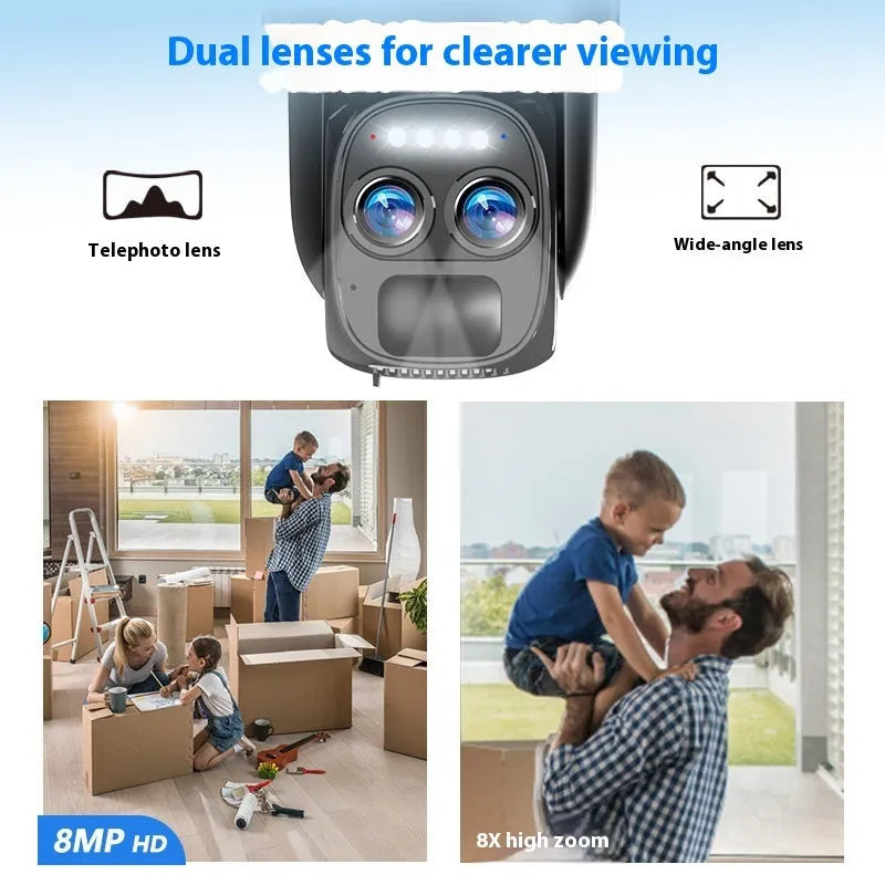 Solar-powered security camera with 8x zoom lens in outdoor setting