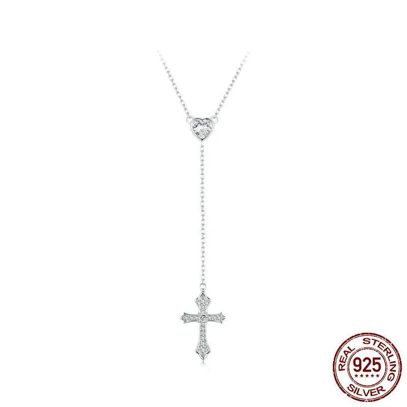 Women's silver love cross necklace with V-neck pendant on O-ring chain.