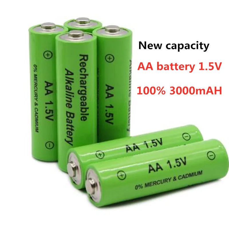 Green alkaline rechargeable AA battery with 3000mAh capacity and 1.5V rating.