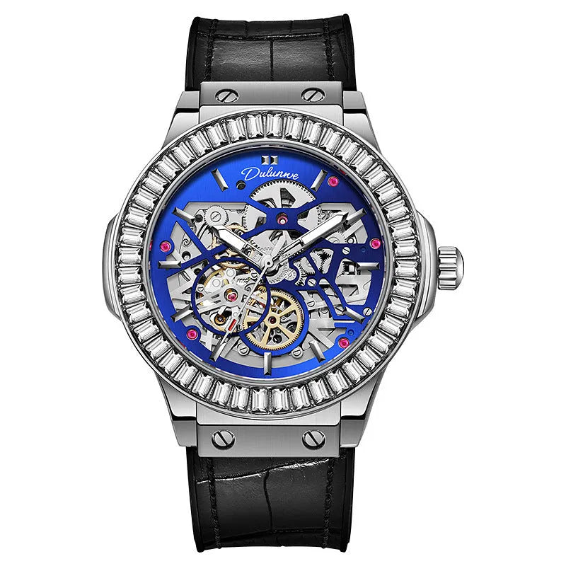 Men's automatic wristwatch with hollow dial showing mechanics, diamond studs on white case, on a black strap.