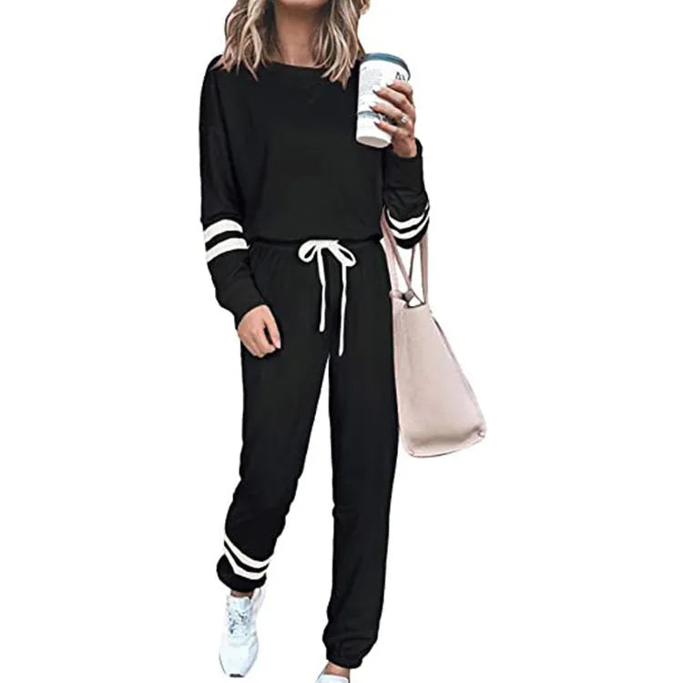 Women's casual suit set in cotton blend fabric with top and trousers in solid colour