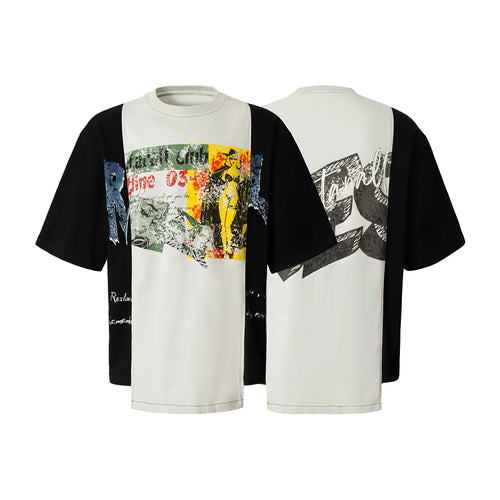 Broken collage deconstruction printed T-shirt in black and white stitching with cotton blend fabric