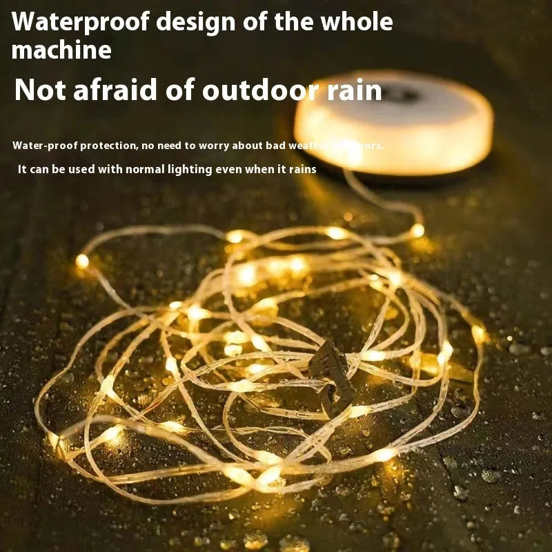 8 metre long USB rechargeable outdoor LED string lights in warm white or colourful light colours