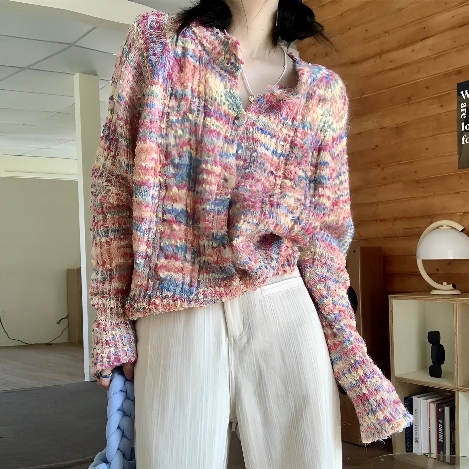 Retro rainbow knitted cardigan in pink and green, slim fit, with a textured toothbrush hair acrylic fabric.