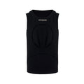 Man wearing a loose-fitting black sleeveless vest with a round neck, showcasing the hollow-knit fabric texture.