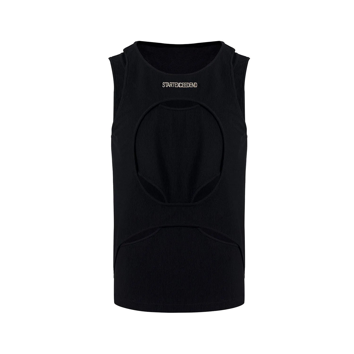 Man wearing a loose-fitting black sleeveless vest with a round neck, showcasing the hollow-knit fabric texture.