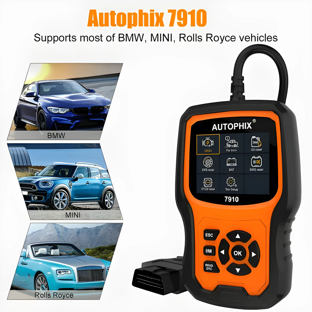 Autophix 7910 automotive diagnostic scanner for BMW vehicles with OBD2 connector.