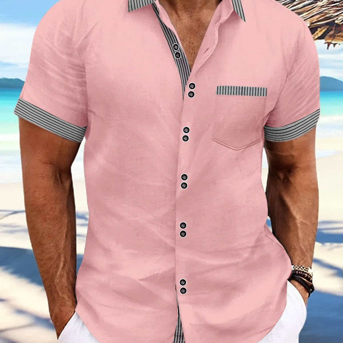 Men's slim fit striped short sleeve casual shirt in pure cotton on a hanger, showing double button detail.