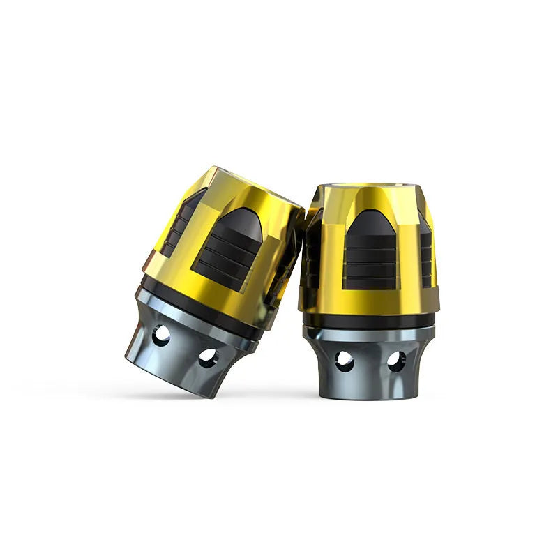 A pair of anodised aluminium fork cups for motorcycle or electric car front axles, shown in a choice of colours.