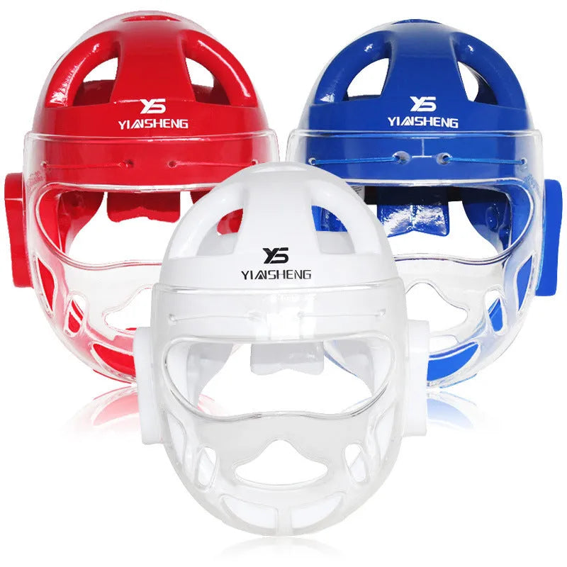 Blue, red, or white karate protective helmet for boxing head guard safety equipment.
