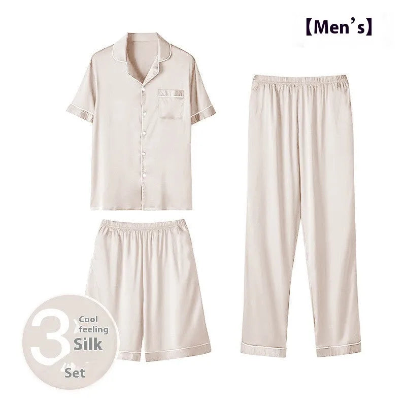 Men's ice silk three-piece home wear set in thin fabric showing top, shorts, and trousers.
