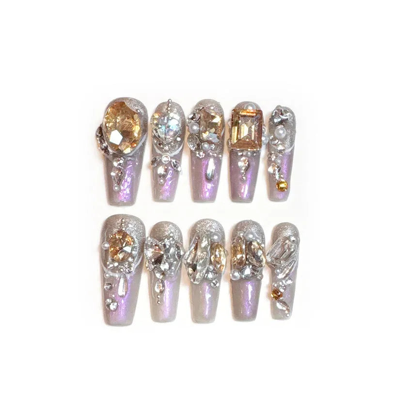 S number flash style artificial nails with luxury rhinestone designs and glossy phototherapy sealing
