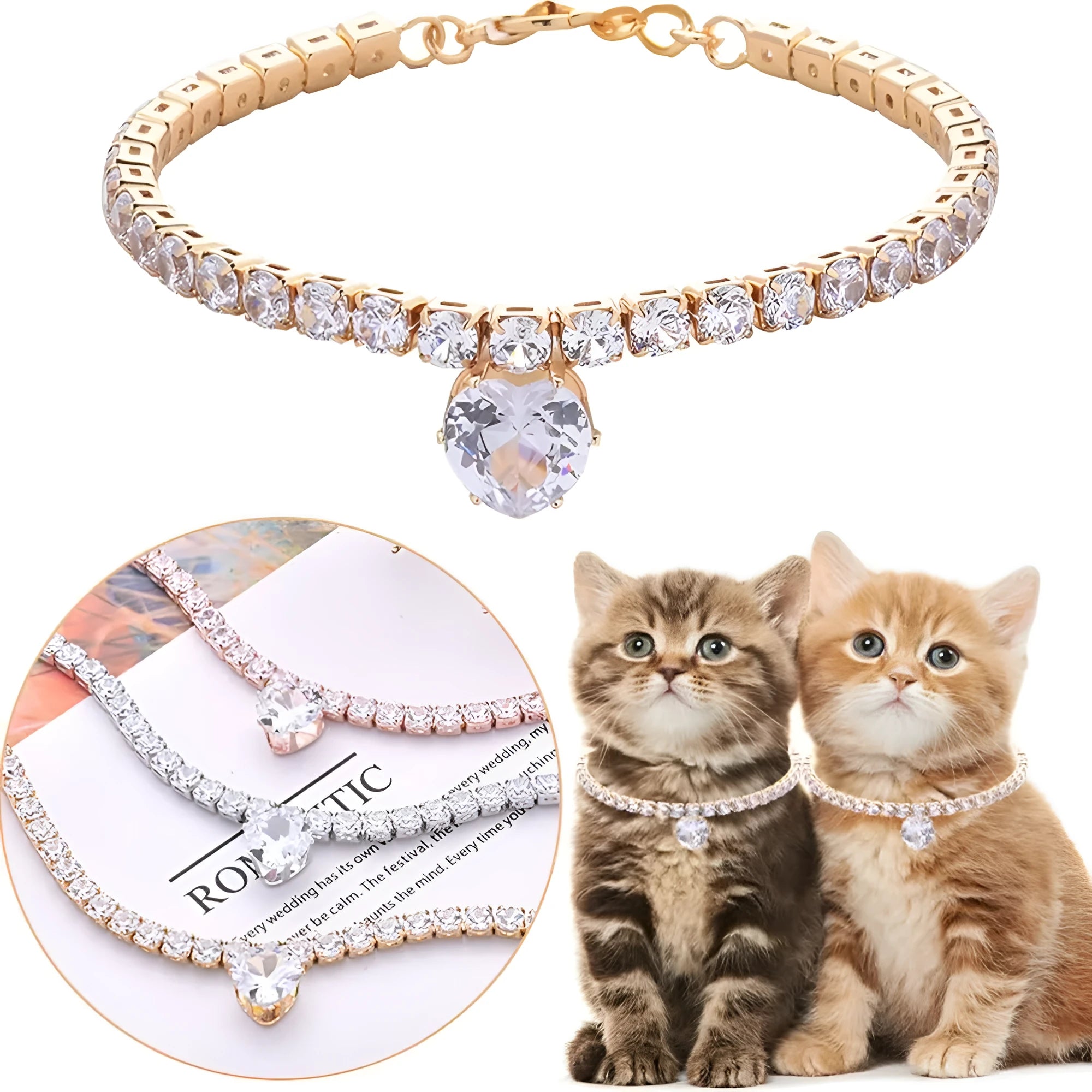 Heart-shaped rhinestone pet collar for dogs and cats in gold, with adjustment chain.