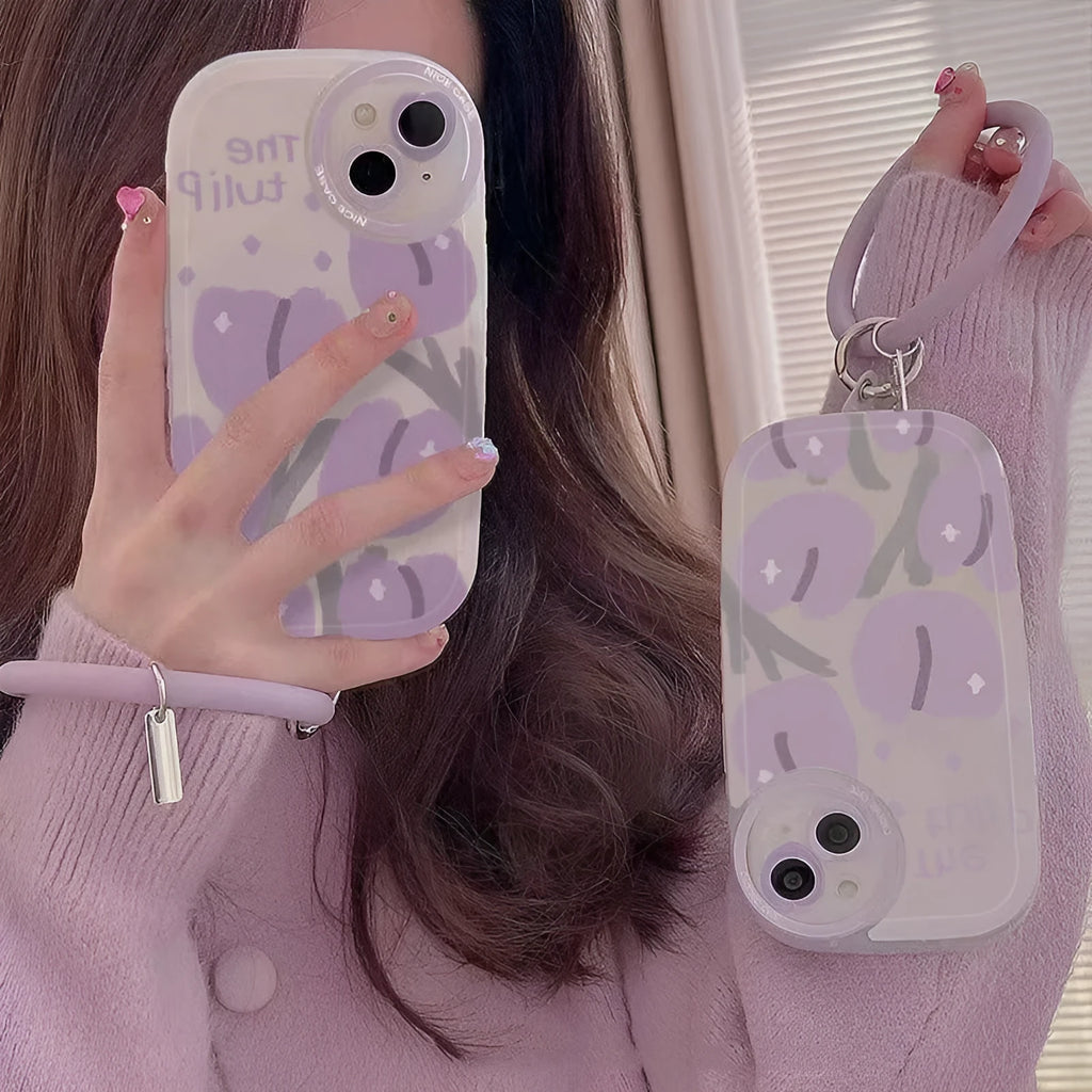 Purple tulip transparent TPU phone case for iPhone with purple bracelet on a white background
