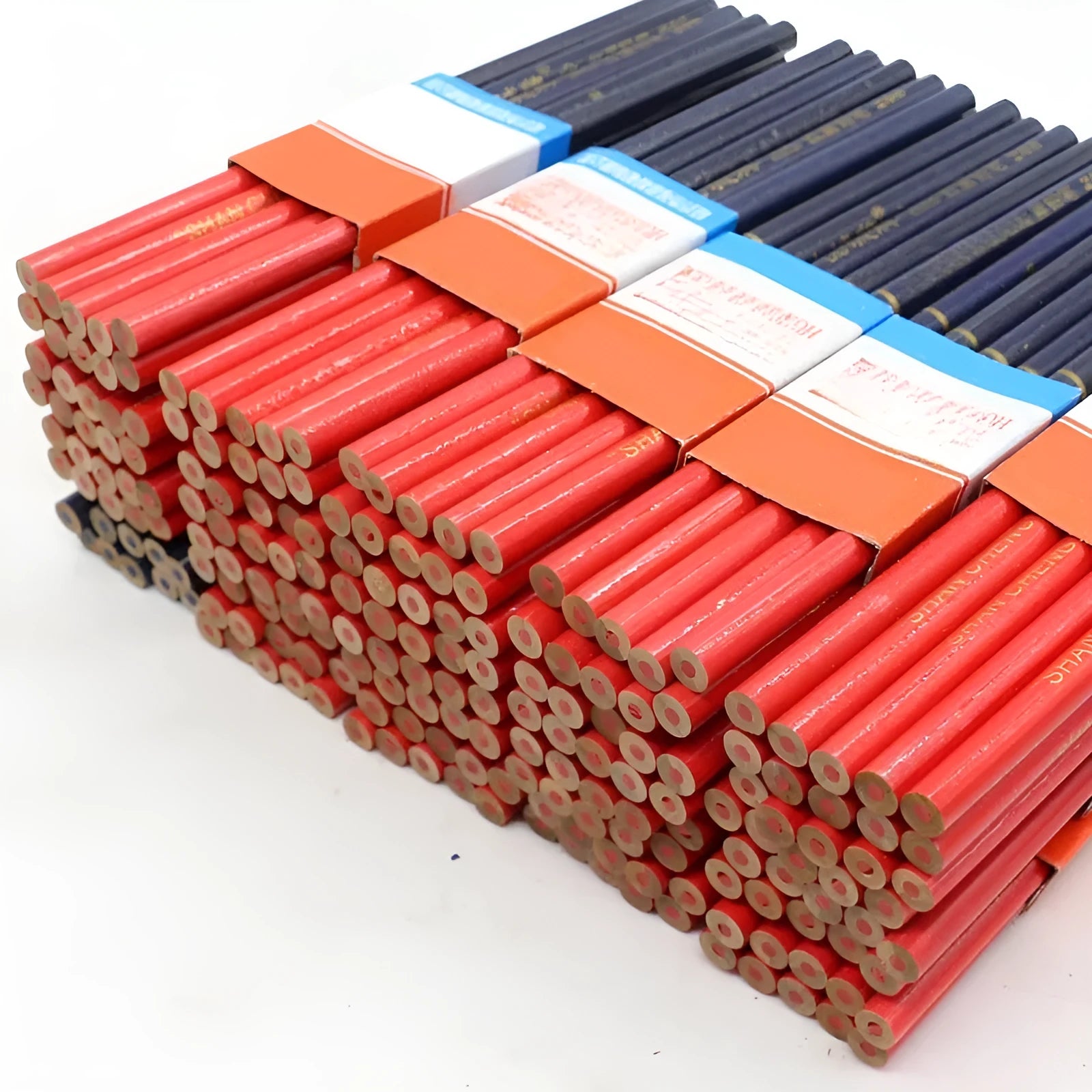 Red and blue two-colour carpenter's pencil with round wooden design, 10-piece pack