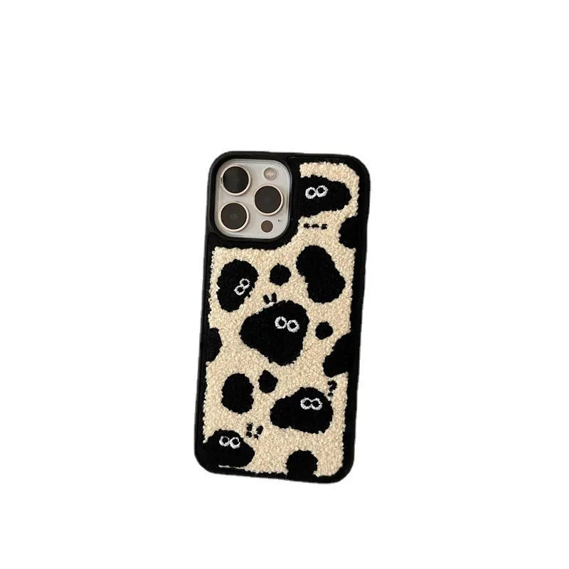 Black plush phone case with a Fairy design for iPhone models