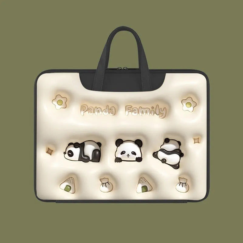 Inflatable PU leather laptop bag with cartoon design hanging from suitcase handle