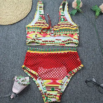 Women's checkered cross strap high waist bikini for swimming