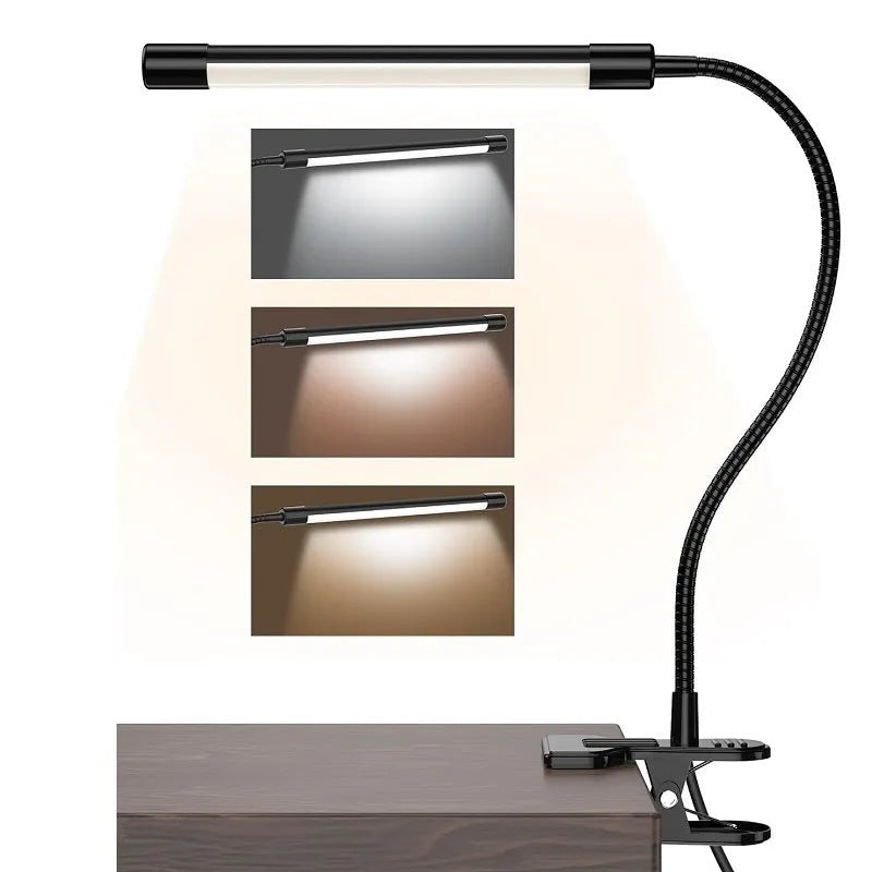 Black and white USB-powered LED desk lamp with flexible 26 cm gooseneck neck on a desk.