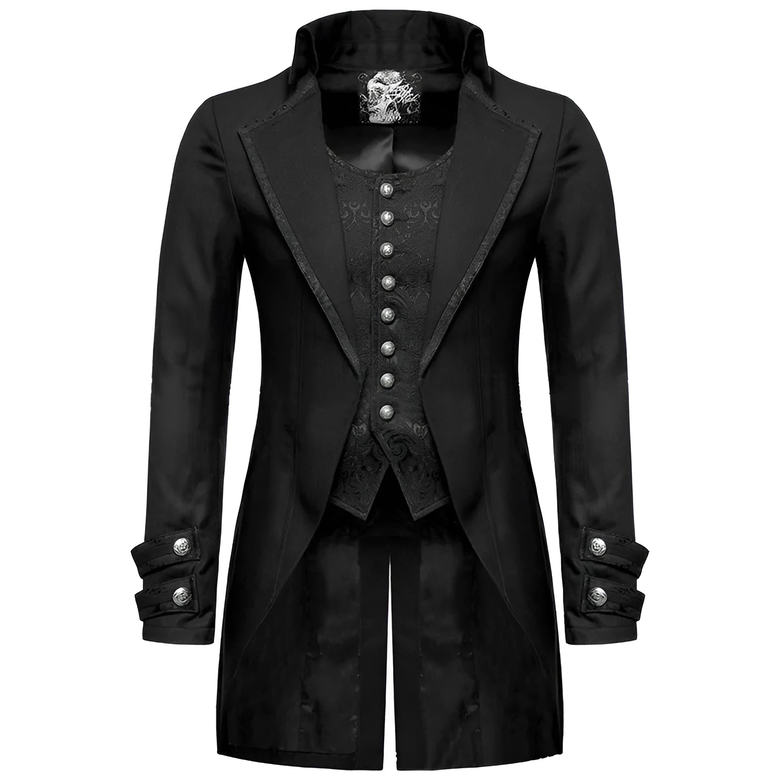 Black Victorian morning gown cosplay jacket on a mannequin, showing button front and period tailoring.