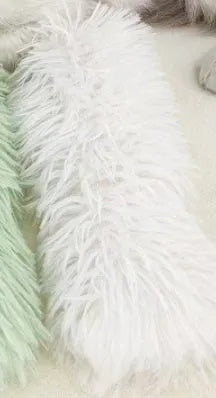 Soft plush cat toy pillow in green, white, blue, or pink, measuring 27x10 cm.