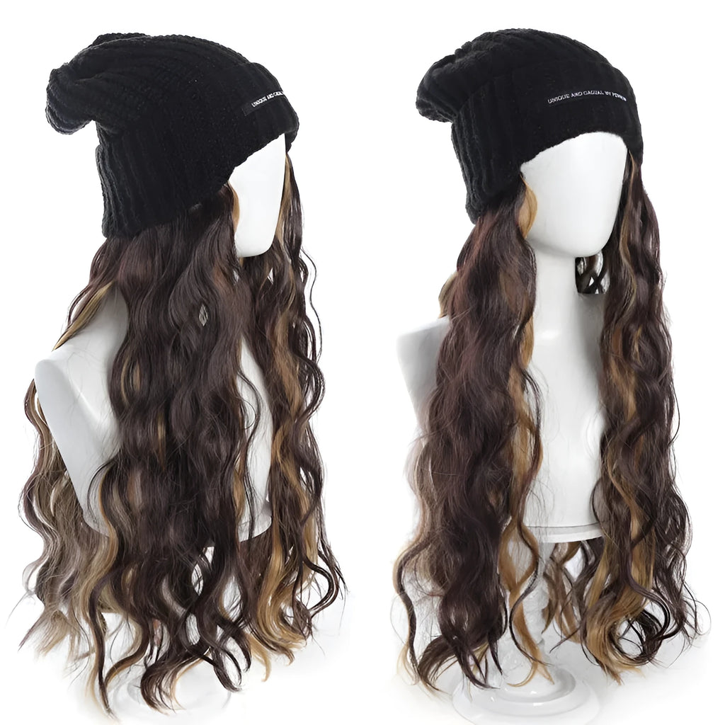 Hat wig with long curly high temperature fibre hair in multiple colour options