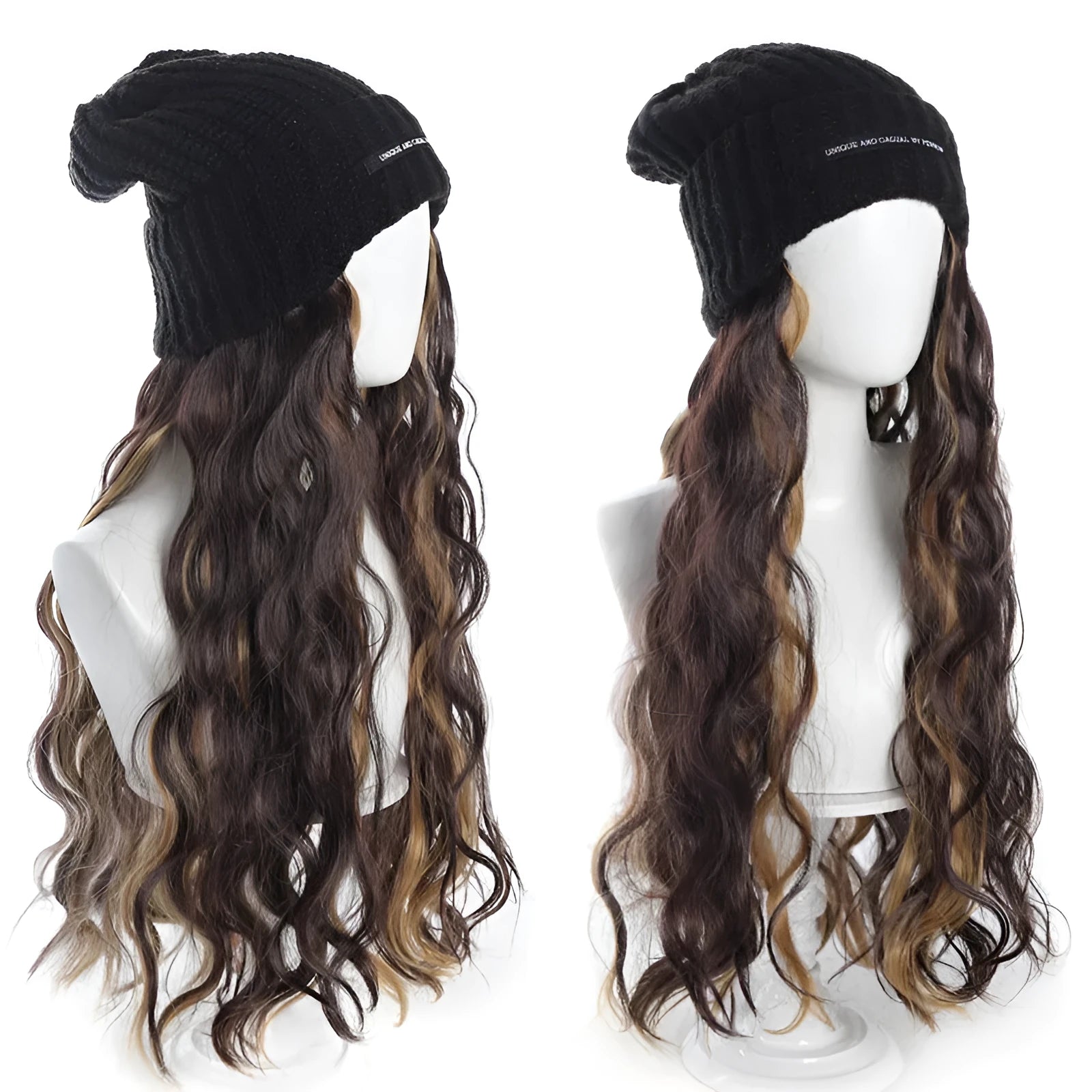 Hat wig with long curly high temperature fibre hair in multiple colour options