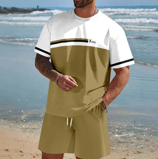 Man wearing a loose light blue short-sleeved t-shirt and matching shorts from a polyester summer set.