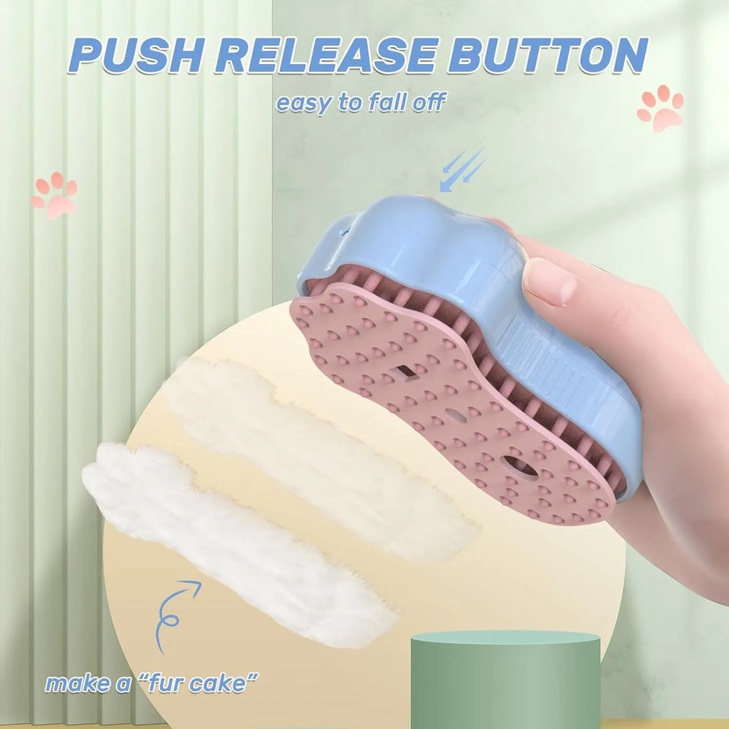 Blue self-cleaning cat steam brush with silicone bristles and a water spray nozzle.
