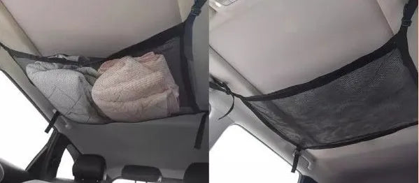 Black multifunctional hanging car storage bag double-layer mesh on car top interior with drawstring option