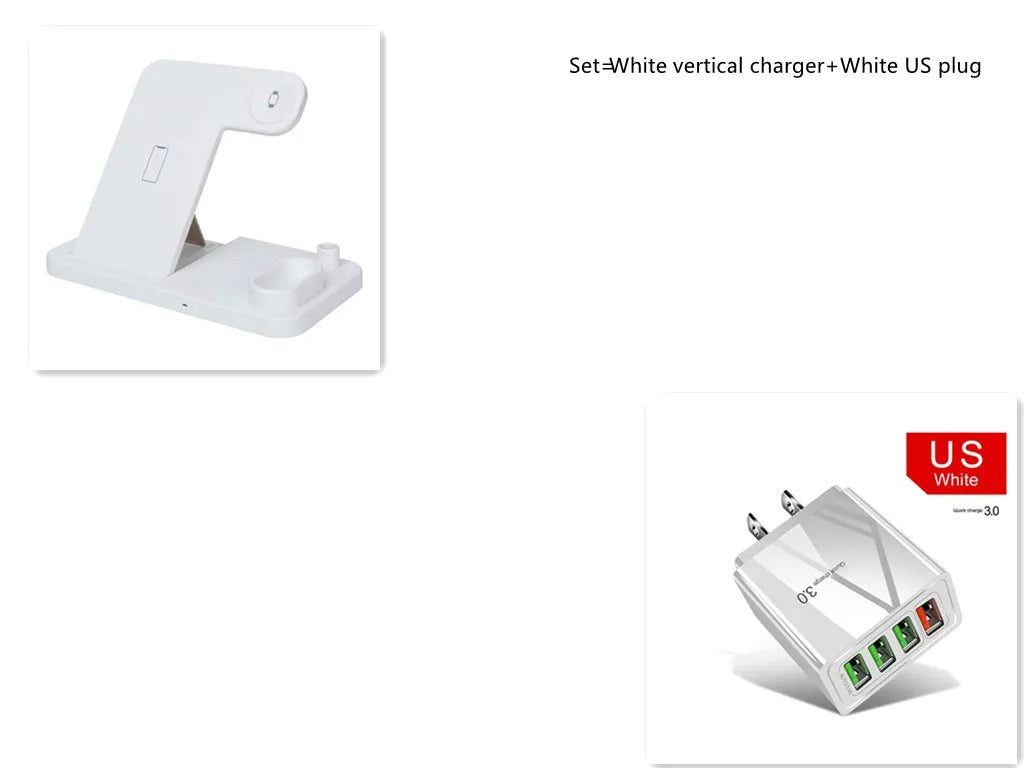 Black 4-in-1 wireless charging dock with phone on adjustable stand, Apple Watch, AirPods, and Apple Pencil charging simultaneously.