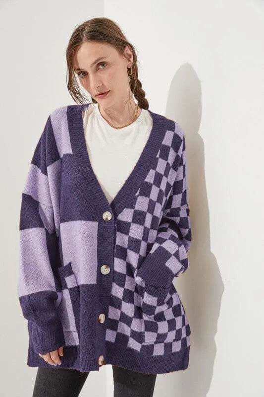 Loose slim fit cardigan with printed checks pattern in polyester spandex blend fabric