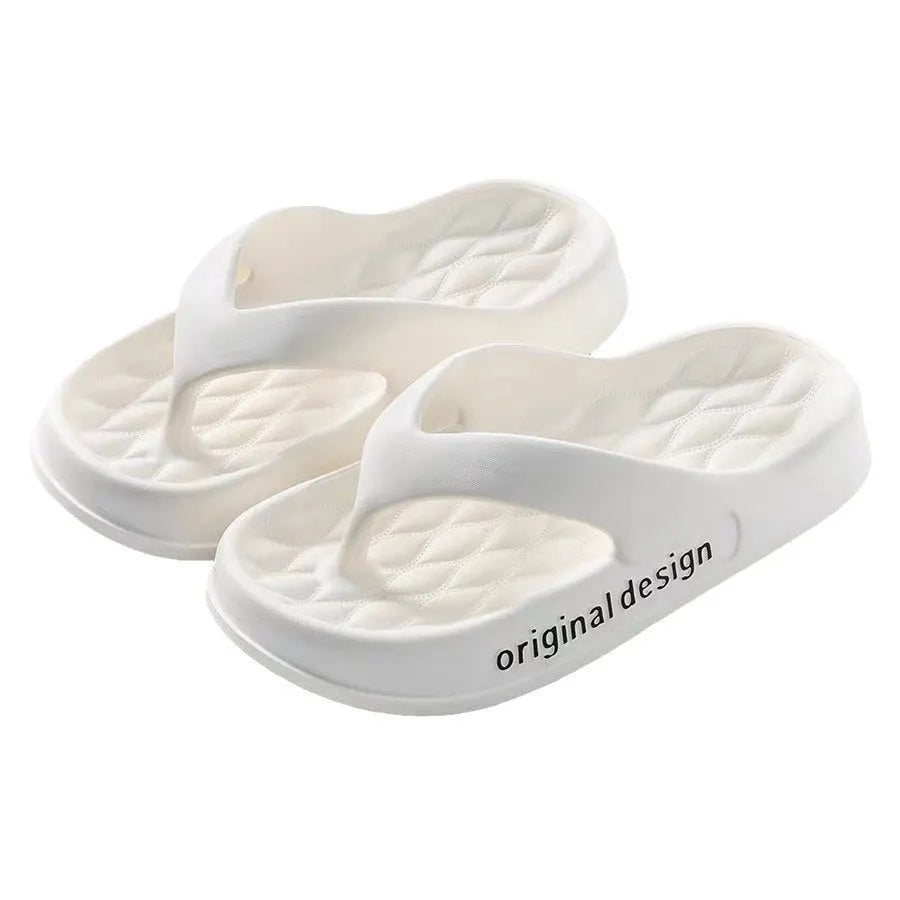 Men's EVA flip flops in multiple colours on a beach background.