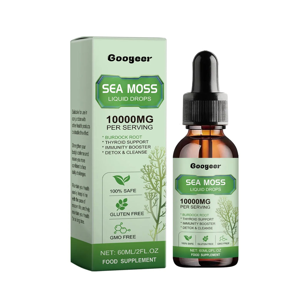Sea moss liquid drops body treatment bottle with 60ml capacity measuring 3.3x3.3x12cm