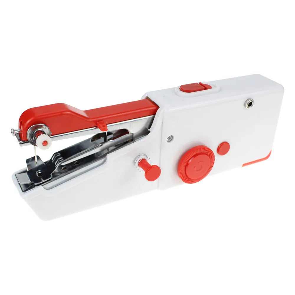 Portable mini handheld sewing machine in black with ABS alloy body, compact 20x7x3 cm size, for cordless sewing of clothes and fabrics