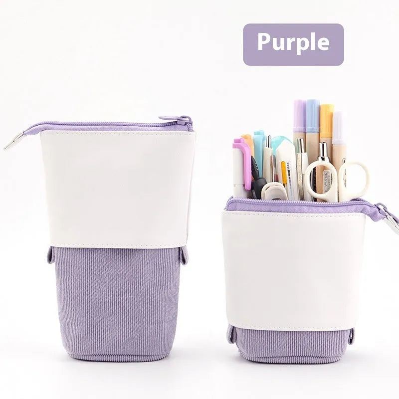 Purple PU corduroy Korean-style telescopic stationery case with zip closure.